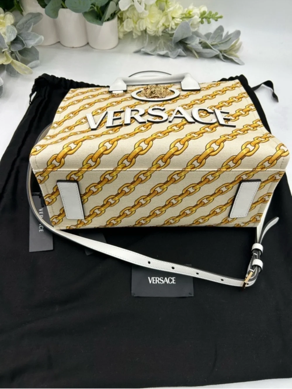 Women’s Versace chain stripe la Medusa tote bag with shoulder strap made Italy